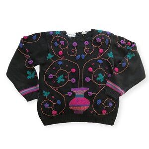 Vintage Needleworks hand knitted chunky cotton sweater, Flower Embroideries,  si